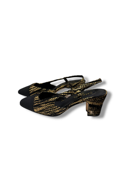 Chanel - Slingback tweed noir et or T40C édition limitée