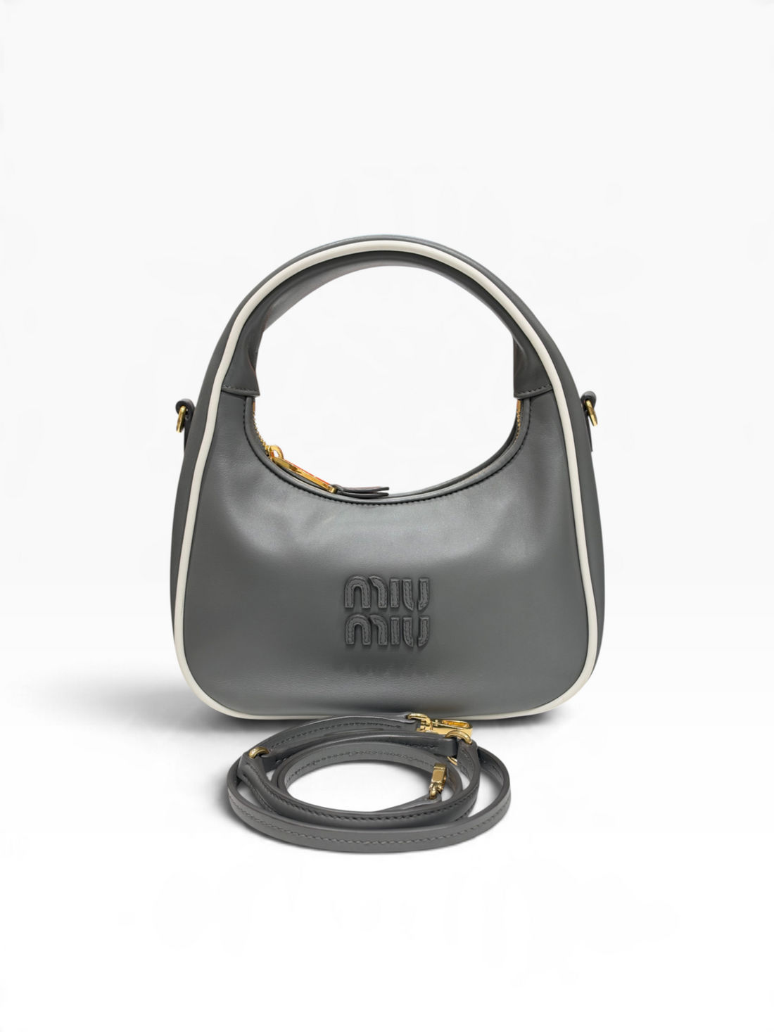 Miu Miu - sac mini Wander cuir lisse gris bords blancs