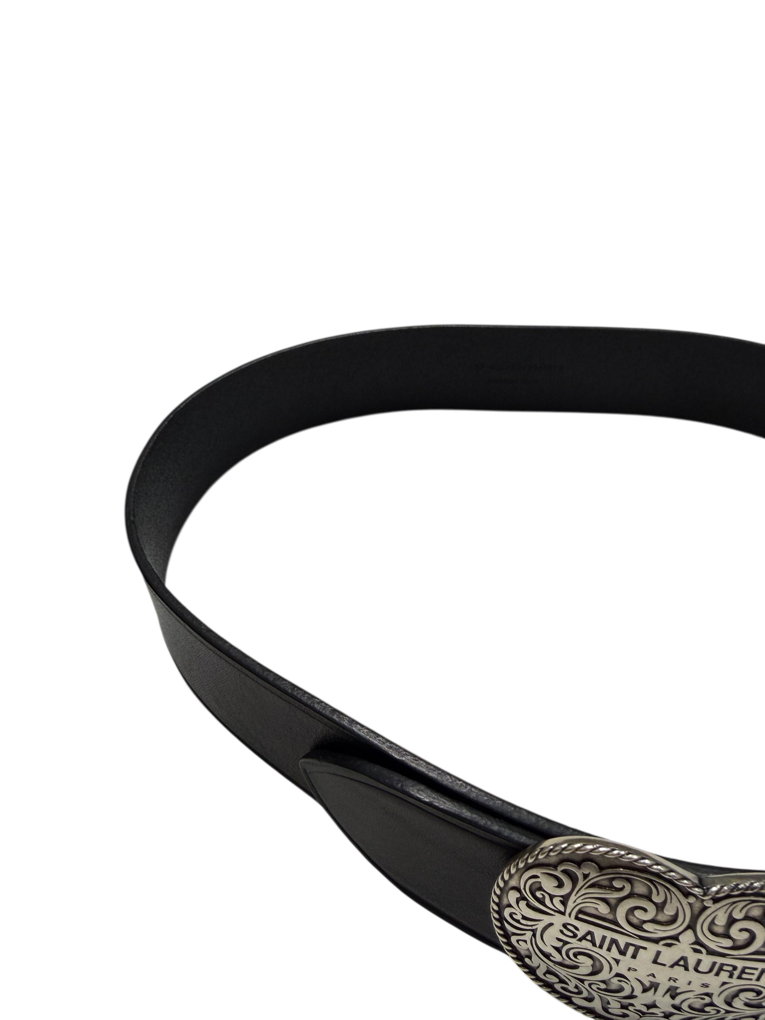 Saint Laurent - Ceinture en cuir noir et boucle cœur argenté T80