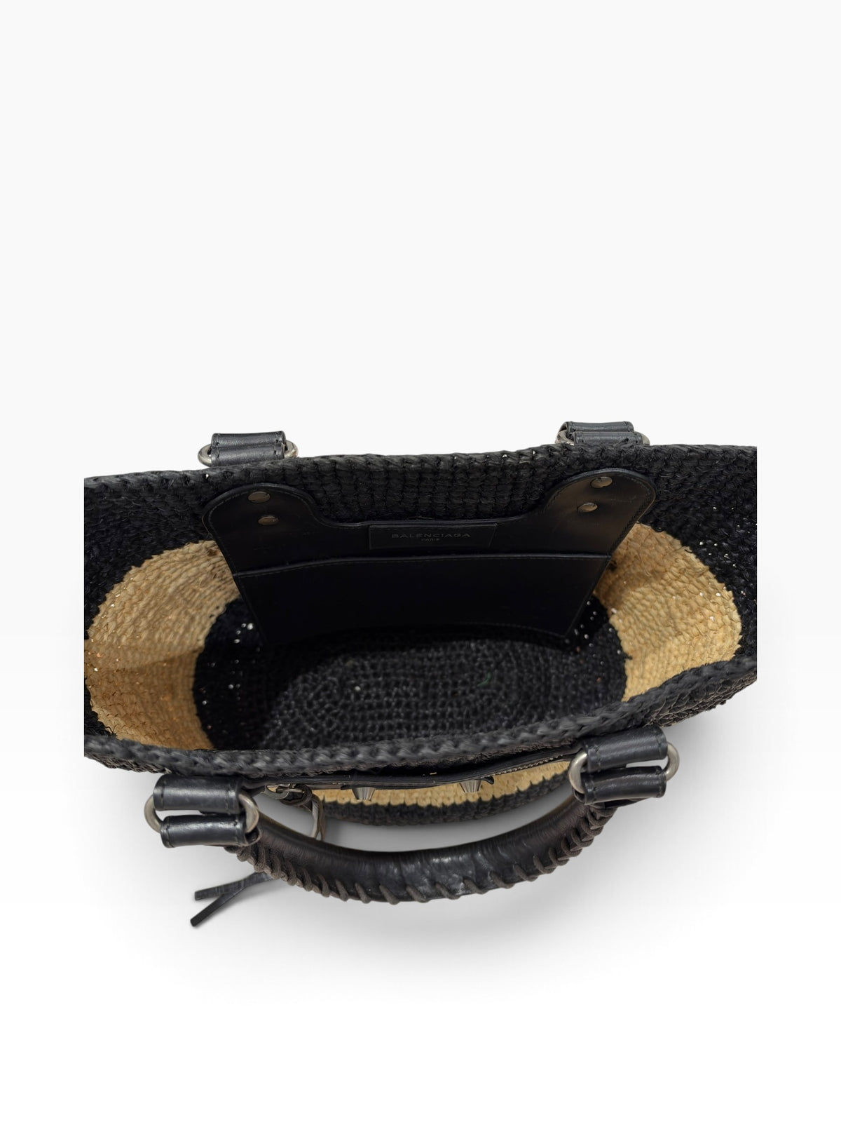 Balenciaga - Black and beige raffia basket bag
