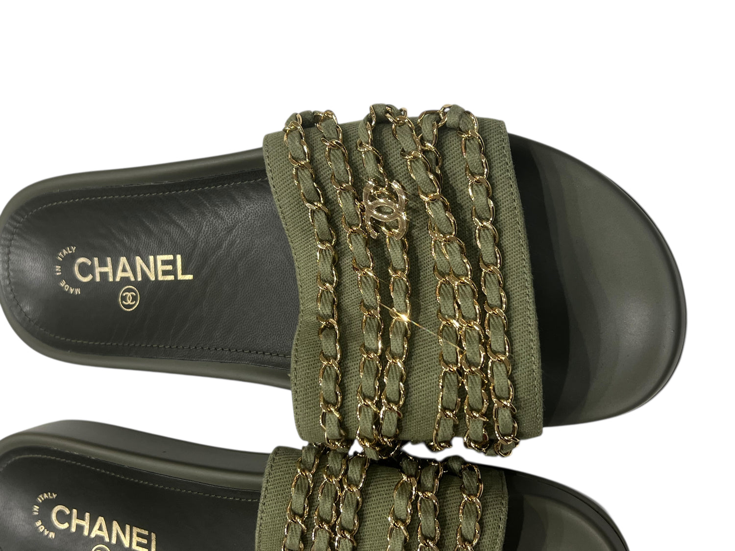 Chanel - mules toile et chaînes dorées T40