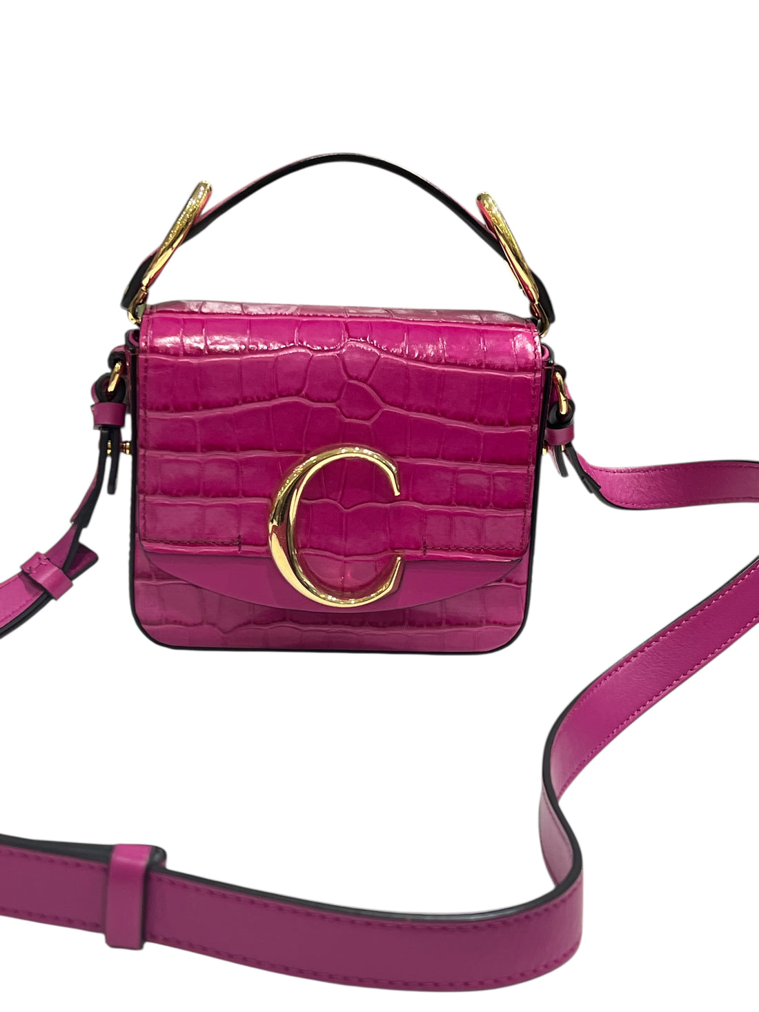 Chloé - sac Mini C cuir façon croco fushia