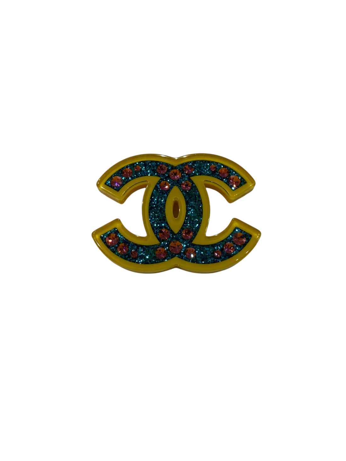 Chanel - Brosche gelb mit blauen Pailletten und rosa Strassstein