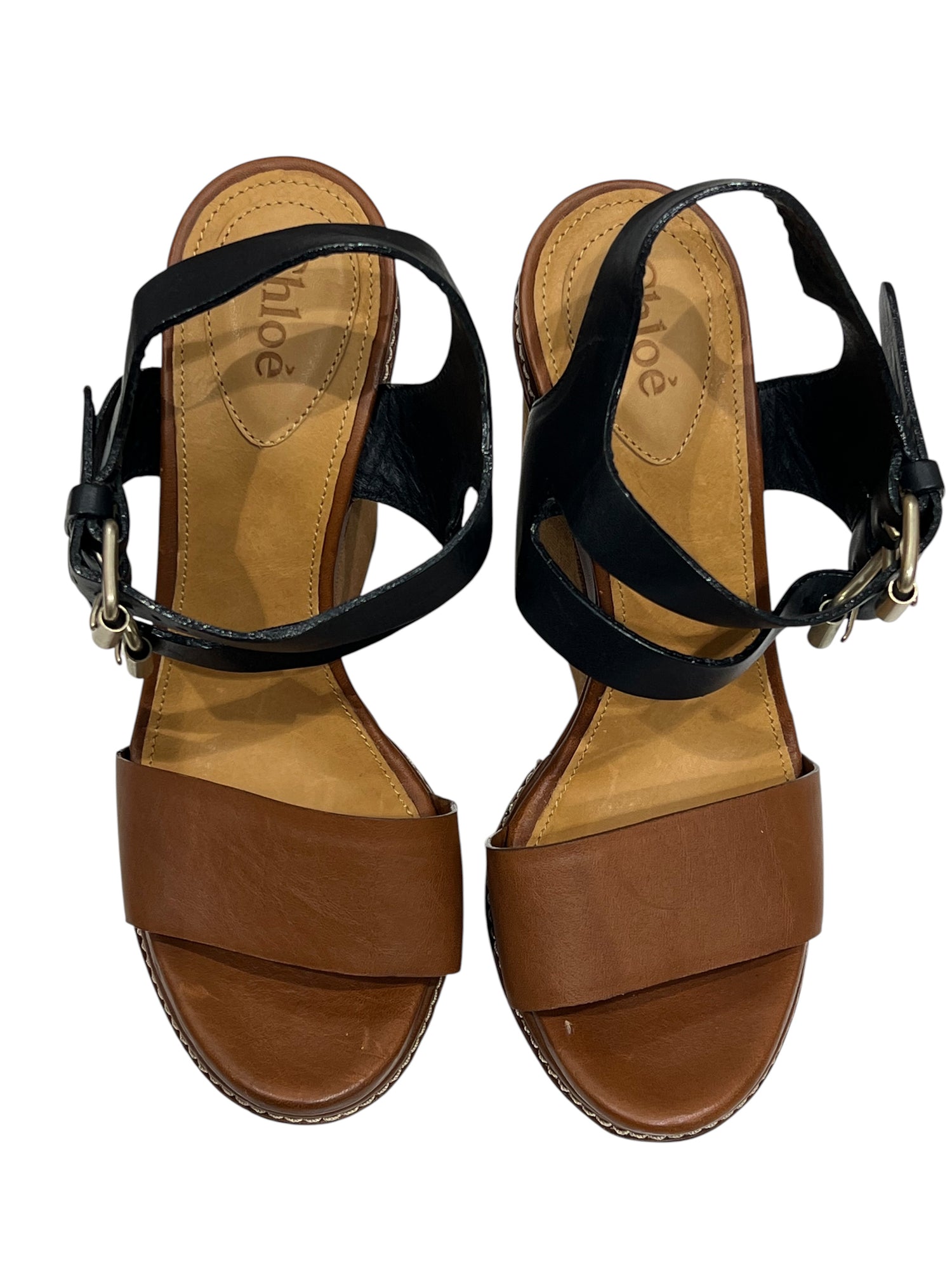 Chloé - sandales à talon compensées bois et cuir noir T36