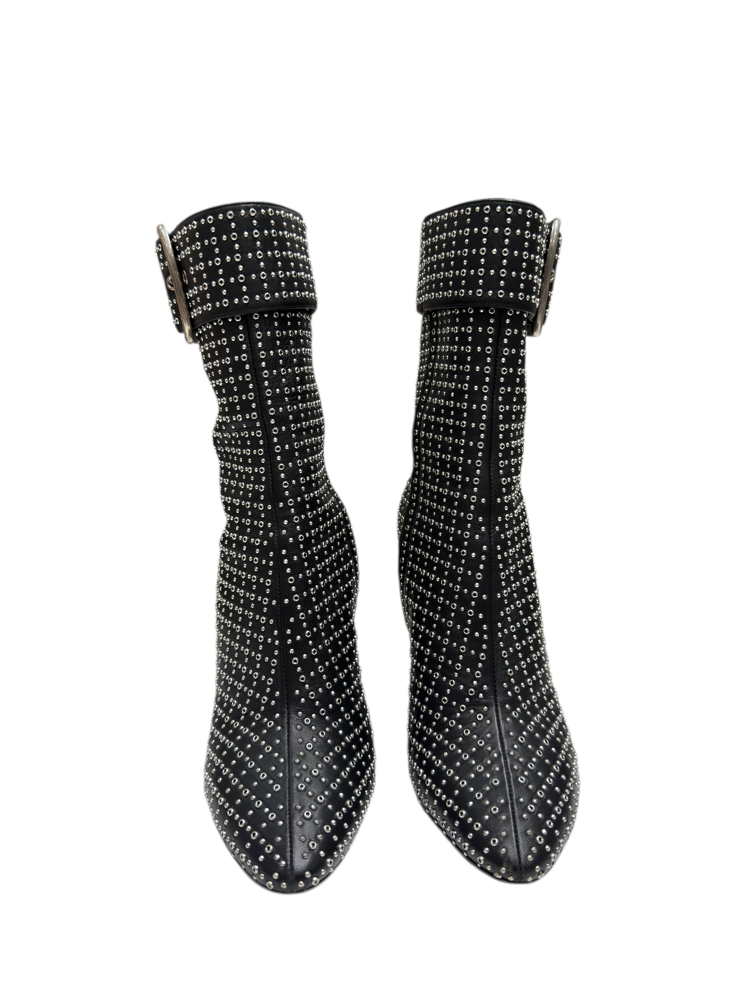 Saint Laurent - Schwarze Stiefeletten mit durchlochten Nieten und silberner Schnalle Gr. 40