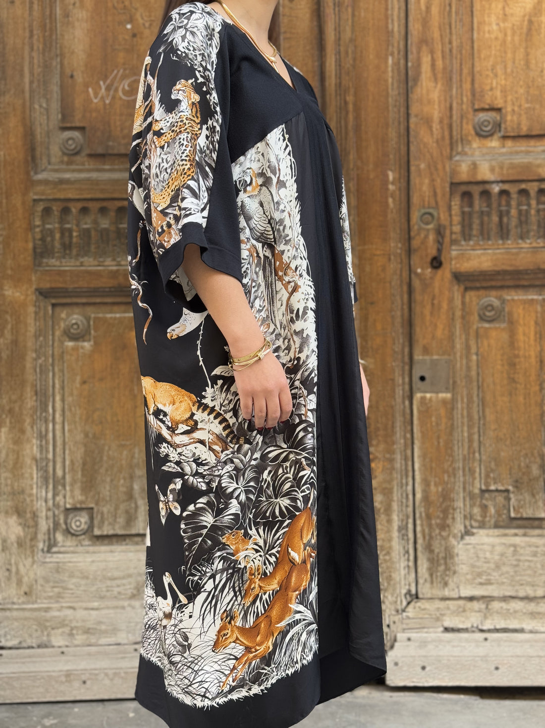 Hermès - Caftan en soie imprimé et cachemire T.42