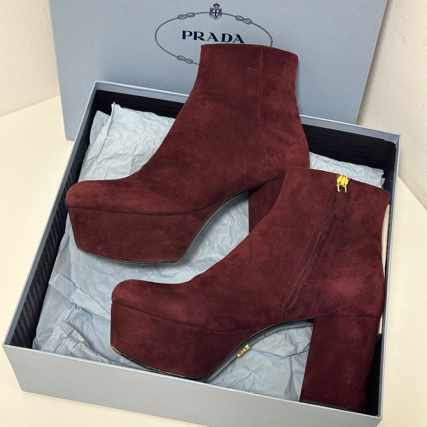 Prada suede platform booties clearance