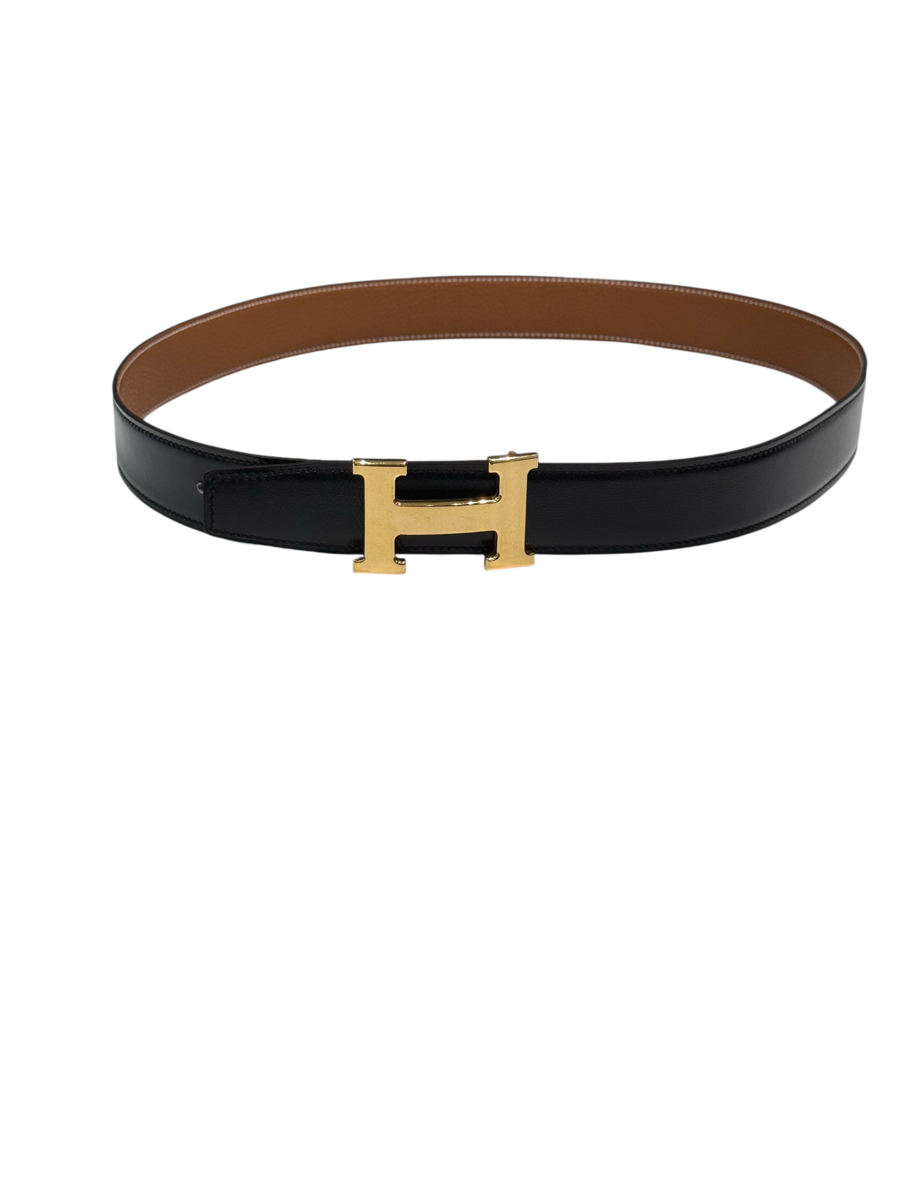 Hermès - Ceinture H finition or cuir réversible noir et gold