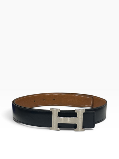Hermès - Boucle de ceinture H &amp; cuir de ceinture réversible 32mm Noir et Gold