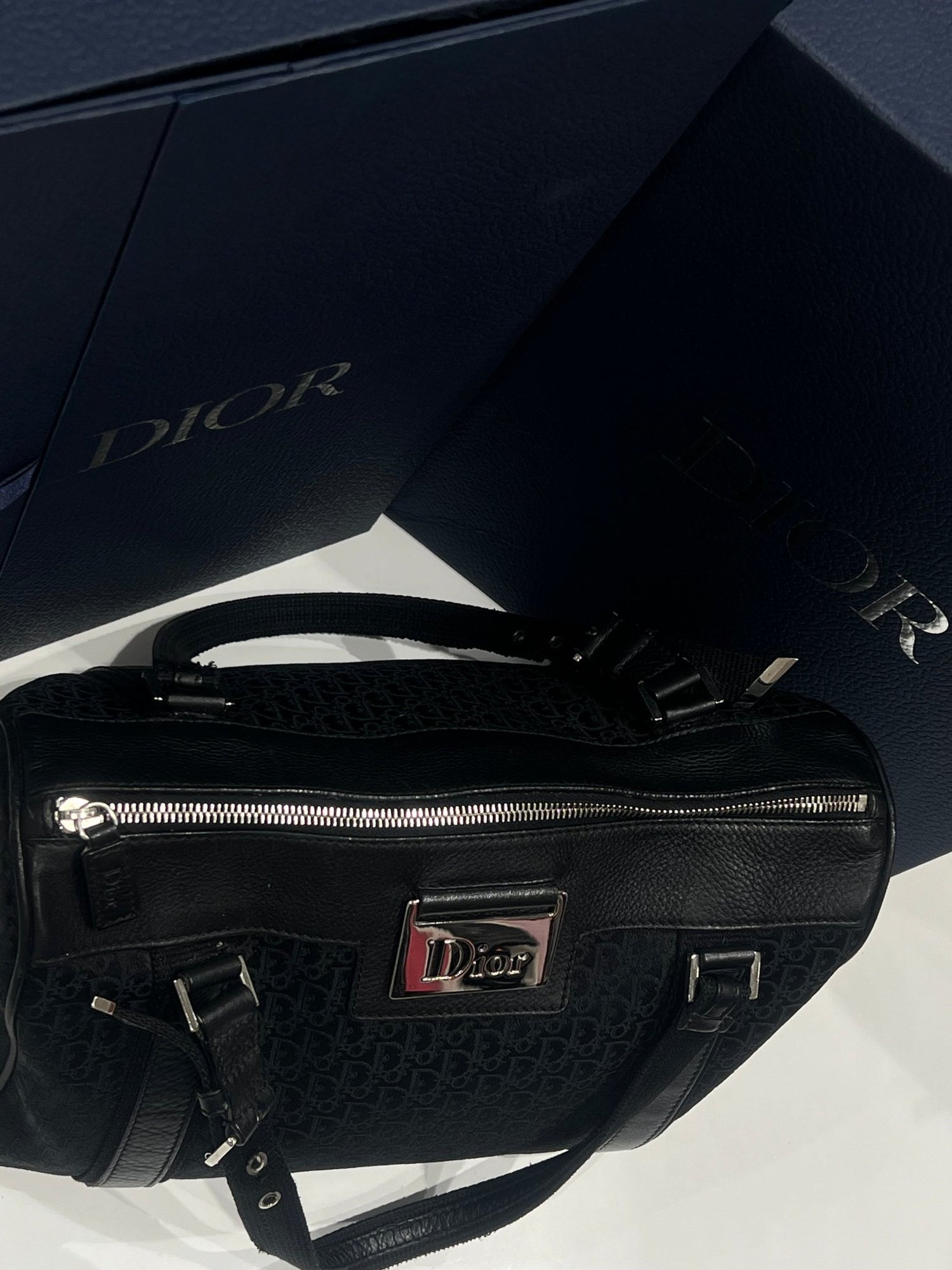 Dior - sac bowling vintage cuir et toile oblique noir - Les Folies d&