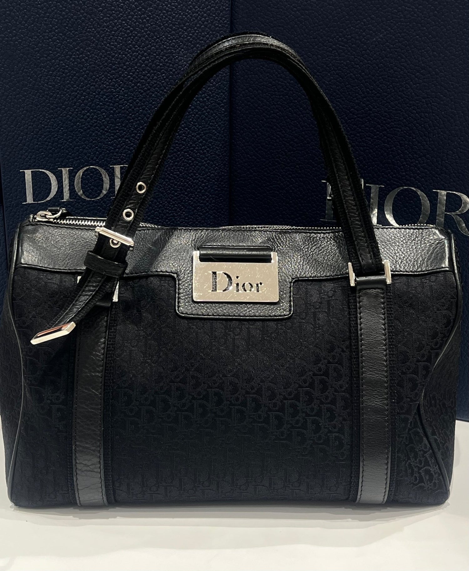 Dior - sac bowling vintage cuir et toile oblique noir - Les Folies d&