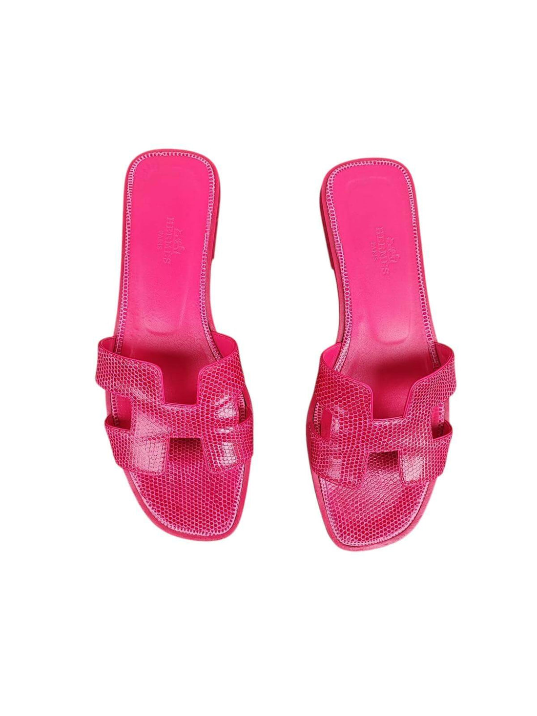 Hermès - Sandales Oran lézard iguane fuchsia T37 1/2
