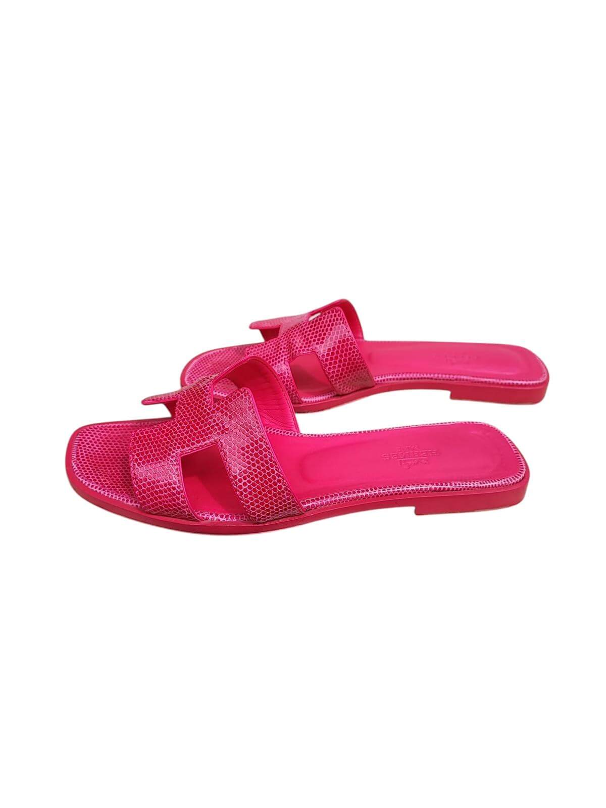 Hermès - Sandales Oran lézard iguane fuchsia T37 1/2