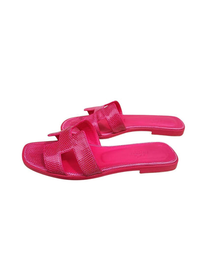 Hermès - Sandales Oran lézard iguane fuchsia T37 1/2